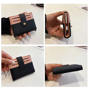 Piccolo portafoglio porta carte bicolore, custodia minimalista in pelle PU portatile per le donne.