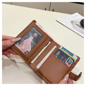 Portafoglio corto in pelle PU da donna tinta unita minimalista porta carte monete marrone