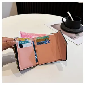Portefeuille court compact en cuir PU pour femme, porte-cartes minimaliste mignon.