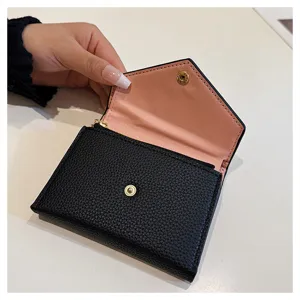 Porte-monnaie pliant court en cuir PU noir rose pour femme, mignon portefeuille compact élégant