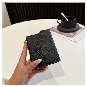 Portefeuille court pliant en cuir PU noir pour femmes, joli porte-monnaie minimaliste.