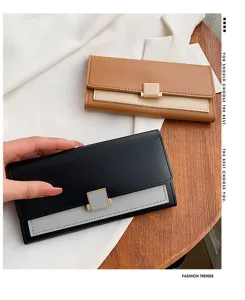 Portafoglio lungo donna tre ante in ecopelle bicolore con fibbia quadrata metallica elegante