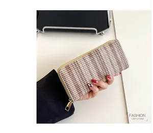 Dames tweed lange portemonnee ritssluiting etui kaarthouder tasje bruin stijlvol