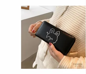 PU vrouwen lange portemonnee ritssluiting schattige konijn print clutch tas zwart