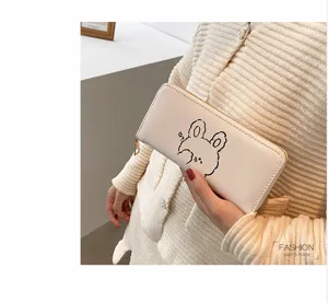 Lange PU lederen portemonnee met rits, schattig konijnenontwerp, kaartenhouder clutch tas