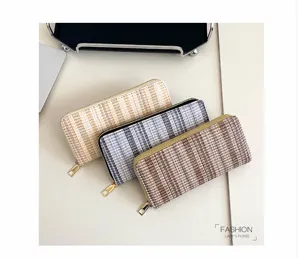 Dames lange tweed rits portemonnee met kaarthouder clutch mode geruit ontwerp