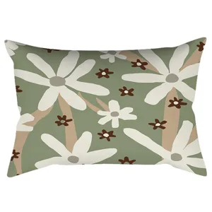 Nordic green geometric lumbar pillowcase featuring abstract floral plant patterns for sofa.