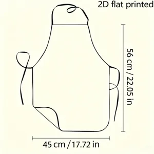 Detailed dimension drawing showing 2D flat printed apron with length and width specifications.