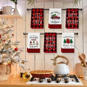 Set di strofinacci da cucina di Natale, panni piatti a quadretti rossi e neri per la casa.