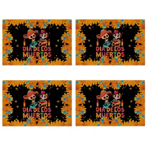 Halloween placemat linen table runner Day of the Dead skeleton pattern festival home decor set of 4