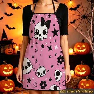Halloween skull print kitchen apron pink cotton sleeveless household cooking apron