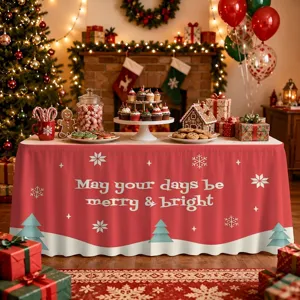 Christmas table skirt with festive red design, white snowflakes, and cheerful text.