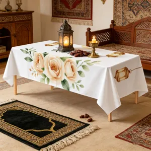 Elegant waterproof rectangular tablecloth with vintage floral and lantern print for dining.