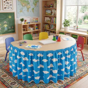 Kids activity table skirt with blue sky white cloud print, washable playroom decor cover.