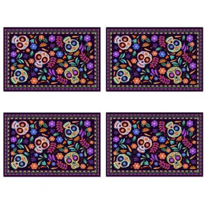 Halloween Day of the Dead sugar skull placemats set, colorful floral table decor mats.