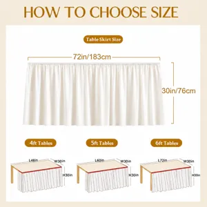White table skirt size chart guide for 4ft 5ft 6ft rectangular party tables decor.