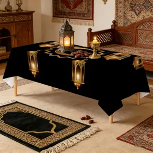 Middle Eastern style tablecloth with black and gold lantern pattern for home dining decor.