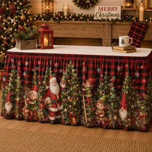 Weihnachts Tischrock rot schwarz Karo Santa Claus Elfen Druck festliche Party Tischdecke