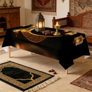 Arabic Middle Eastern style tablecloth featuring gold crescent and lantern patterns in detail.