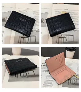 Monedero Corto Mujer Negro Rosa Patrón Cocodrilo Cuero PU Plegable Tarjetero Cremallera