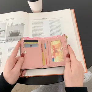 Monedero corto de mujer estilo coreano tarjetero compacto lindo rosa cartera de moda