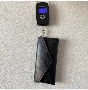 Black long wallet three fold soft leather retro design lightweight 0.15kg detail view