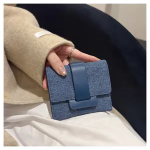 Blue denim short wallet for women with leather buckle compact card holder bi-fold purse