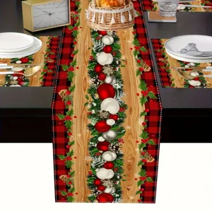 Christmas table runner and placemat set with red black plaid and wooden texture decor.