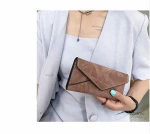 Women long vintage soft leather wallet with large capacity trifold envelope purse hand bag.