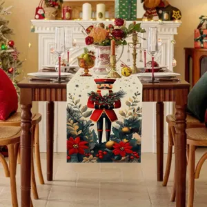 Christmas table runner featuring a festive nutcracker design, perfect for dining table decor.