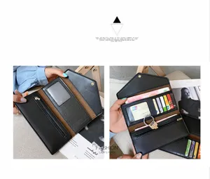 Black long trifold wallet for women with multiple card slots, zipper pocket and ID window.