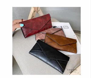 Women long wallet retro soft leather clutch multi-color tri-fold purse detail view