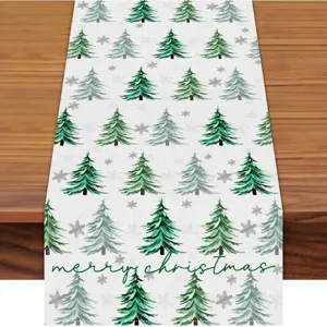 Christmas table runner with pine tree and snowflake print, festive holiday home decor.