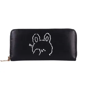 Zwarte lange PU lederen portemonnee met rits voor dames met schattig wit konijn design