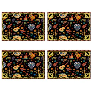 Halloween skull themed decorative placemat detail view showing vibrant festive folk art pattern.