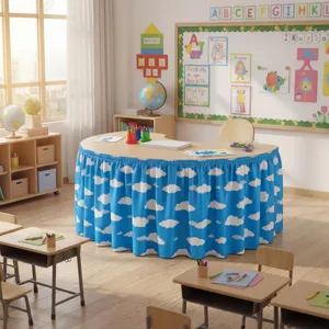 Blue sky and white cloud table skirt detail, perfect for classroom party decoration.