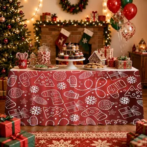Christmas table skirt detail showing festive red fabric with white holiday patterns for decor.