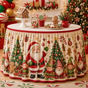 Weihnachtstischrock runde Tischdecke Weihnachtsfeier Deko Weihnachtsmann Elfe Stoff