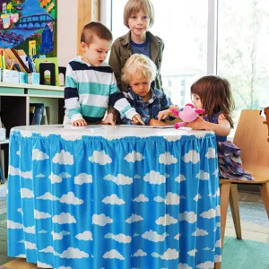 Blue sky white cloud table skirt detail, digital printing round table cover for kids room decor.