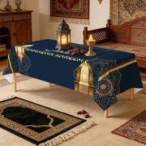 Elegant Middle Eastern Ramadan style waterproof tablecloth, dark blue gold lantern table cover.