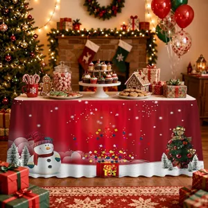 Christmas table skirt detail, red polyester festive holiday party decoration for dining tables