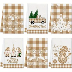 Set strofinacci da cucina natalizi, asciugamani scozzesi con stampe festive, 6 pz