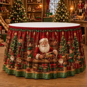 Festlicher Weihnachts-Tischrock mit Weihnachtsmann und Elfen für die Feiertags-Party.