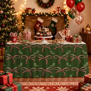 Christmas table skirt with pink bows and holly leaves, waterproof polyester holiday party decor.