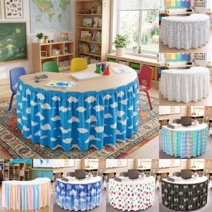 Digital Printed Table Skirt Blue Sky White Clouds Pattern Washable Tablecloth For Party Classroom Home Decoration