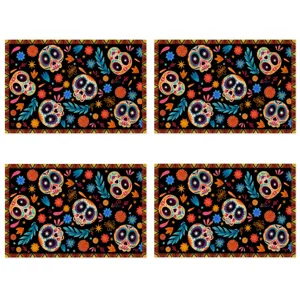 Halloween sugar skull table placemats set, festive floral design linen placemat for decor