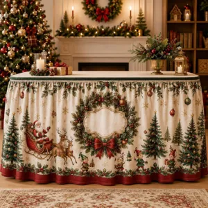 Weihnachtstischrock mit Weihnachtsmann und Rentier Motiv für festliche Tischdekoration.