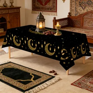 Arabic Middle Eastern style black tablecloth with golden moon stars print dining decor table