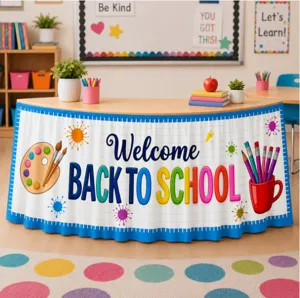 Back to school table skirt classroom decoration, colorful welcome design for kids party.