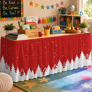 Christmas table skirt red white tree snowflake holiday party decor dining table cover detail